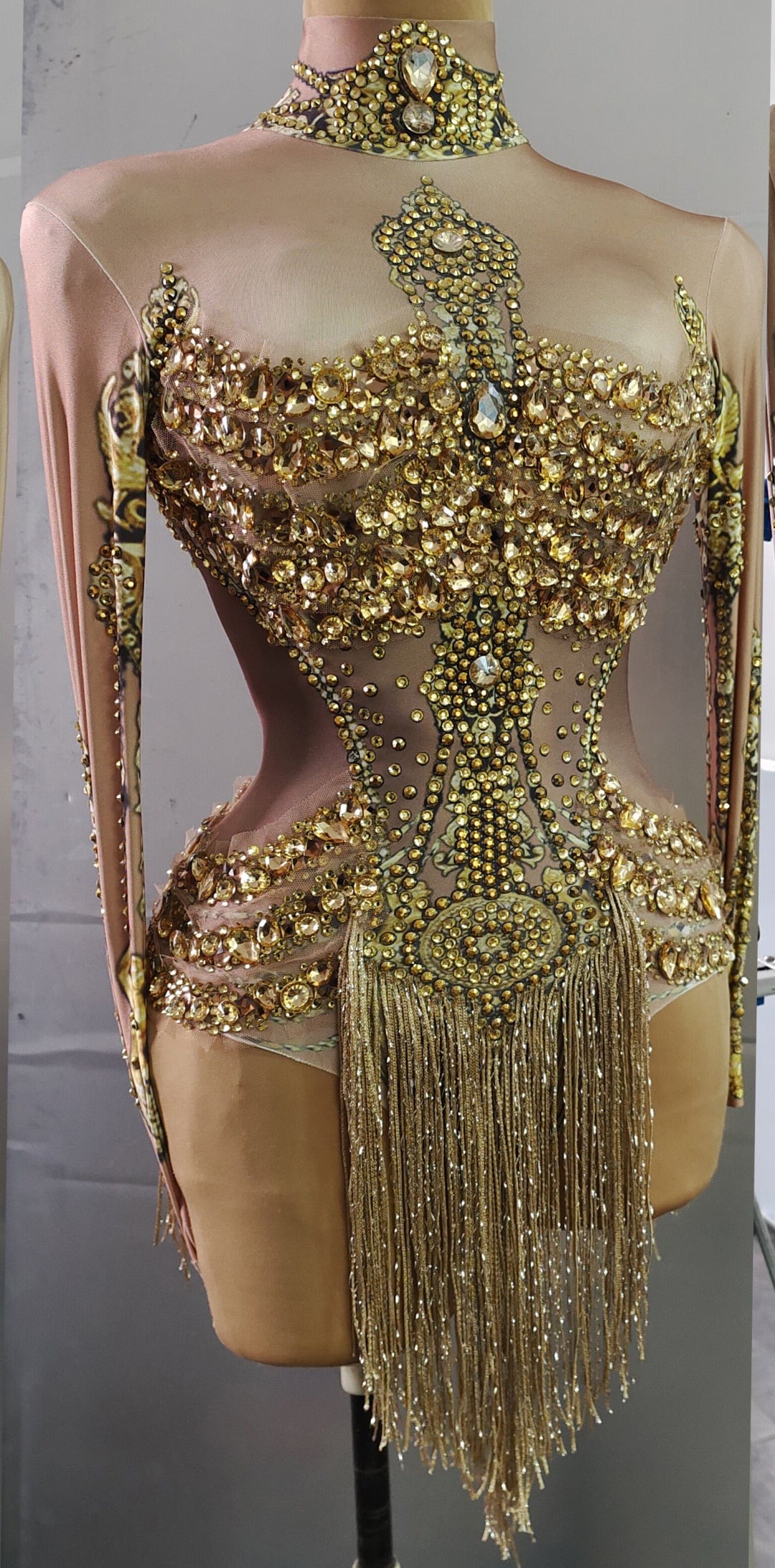 Caritta Sparkly Gold Rhinestones Fringe Leotard Bodysuit Performance Stage Wear