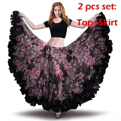 Black Floral Belly Dance Chiffon Gypsy Flamenco Skirt