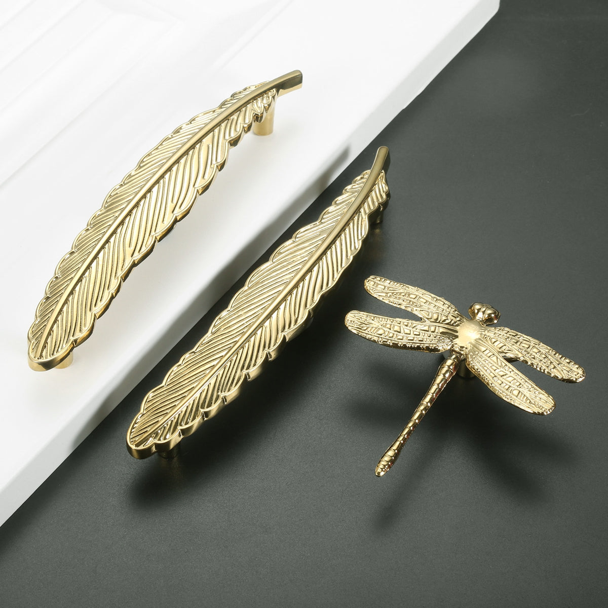 Brass Dragonfly and Feather Furniture Door Handles and Knobs
