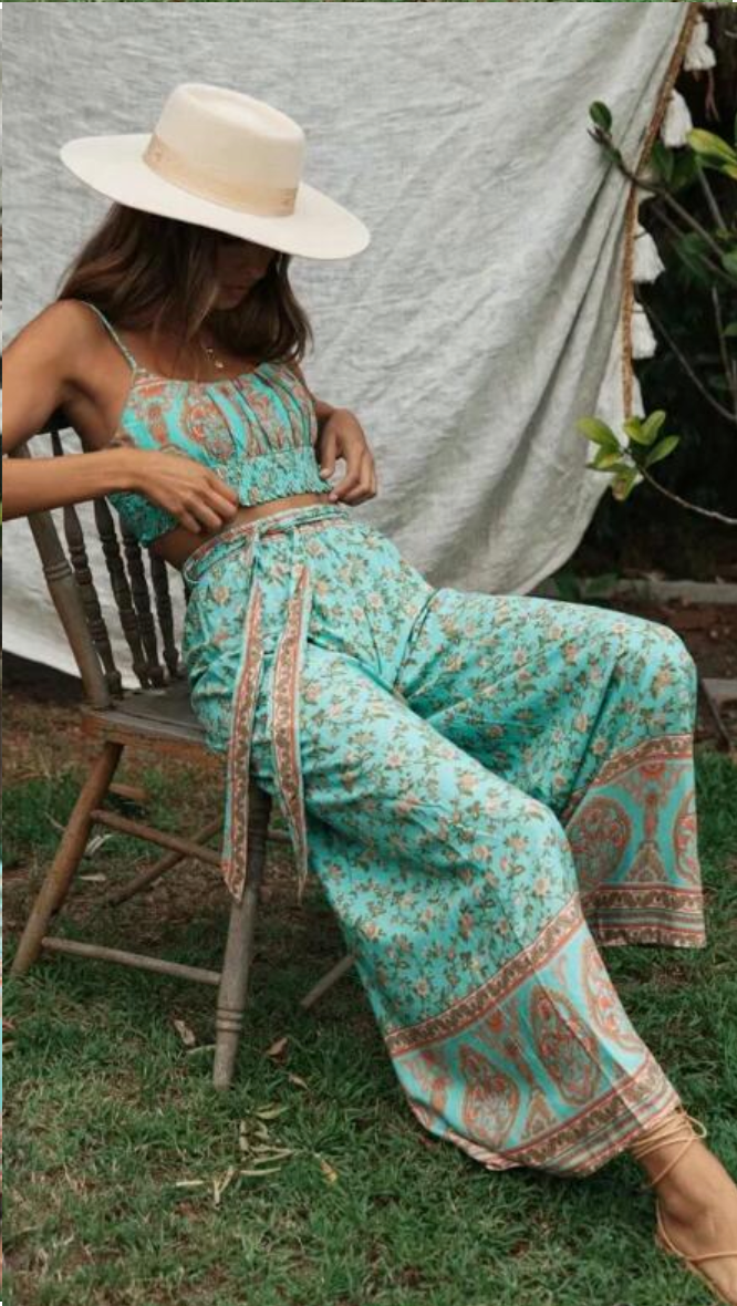 Two Piece Pale Mint Green Boho Wide Leg Pant & Matching Camis Set