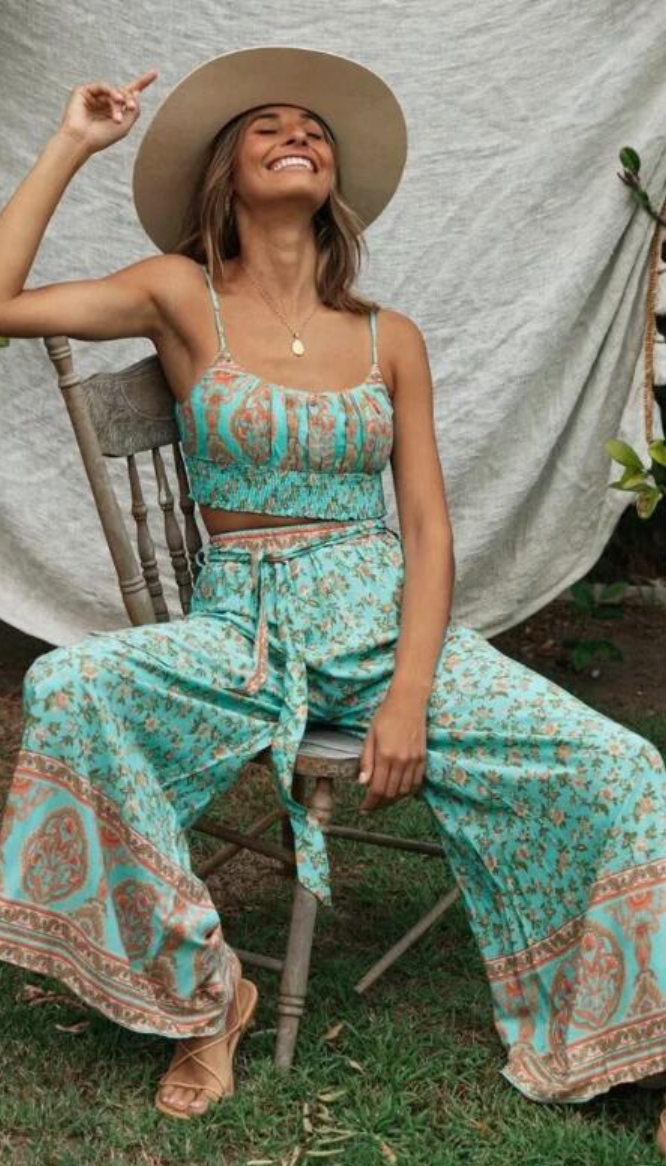 Two Piece Pale Mint Green Boho Wide Leg Pant & Matching Camis Set