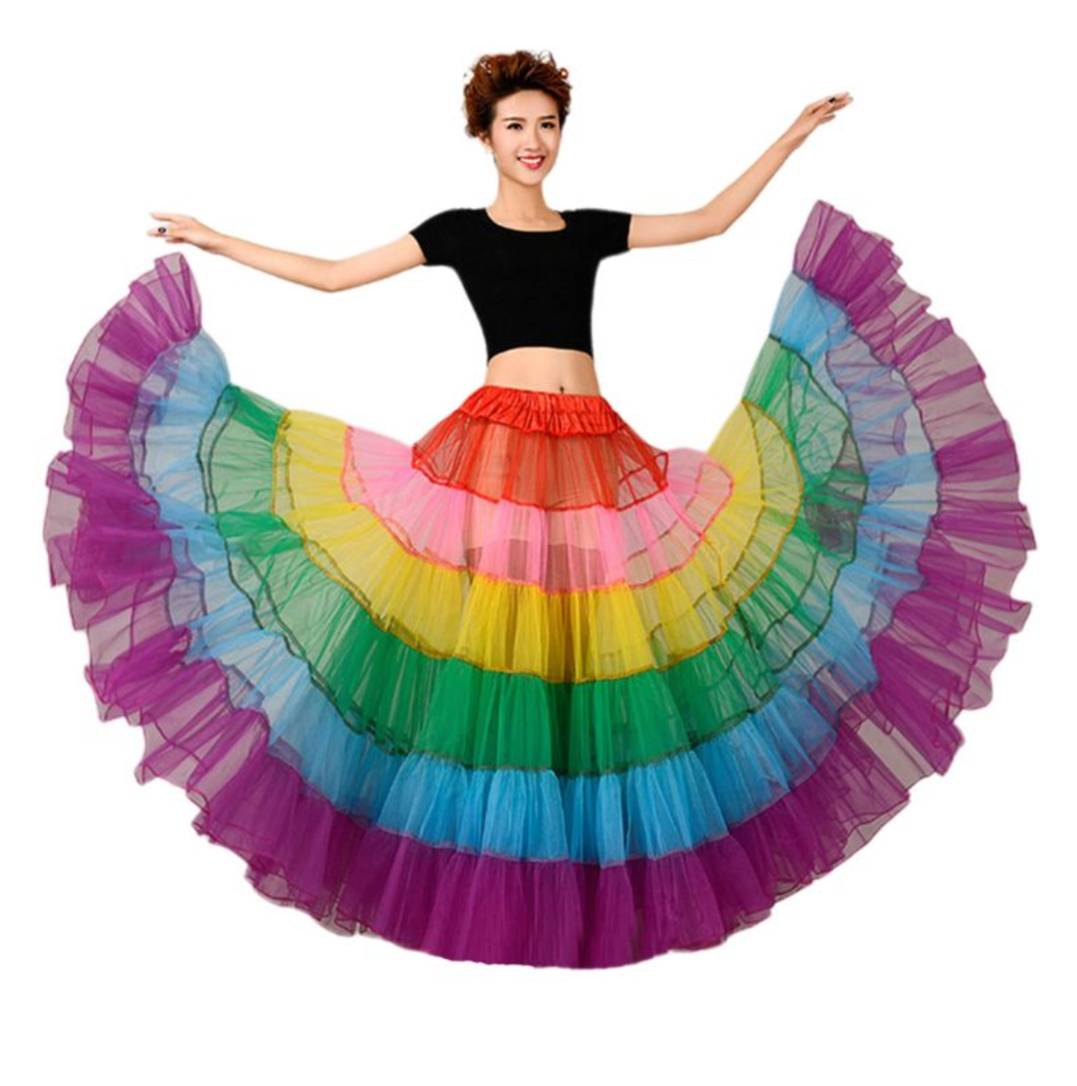 Rainbow Crinoline Pettiskirt Long Underskirt Mesh Tutu Dance Skirt