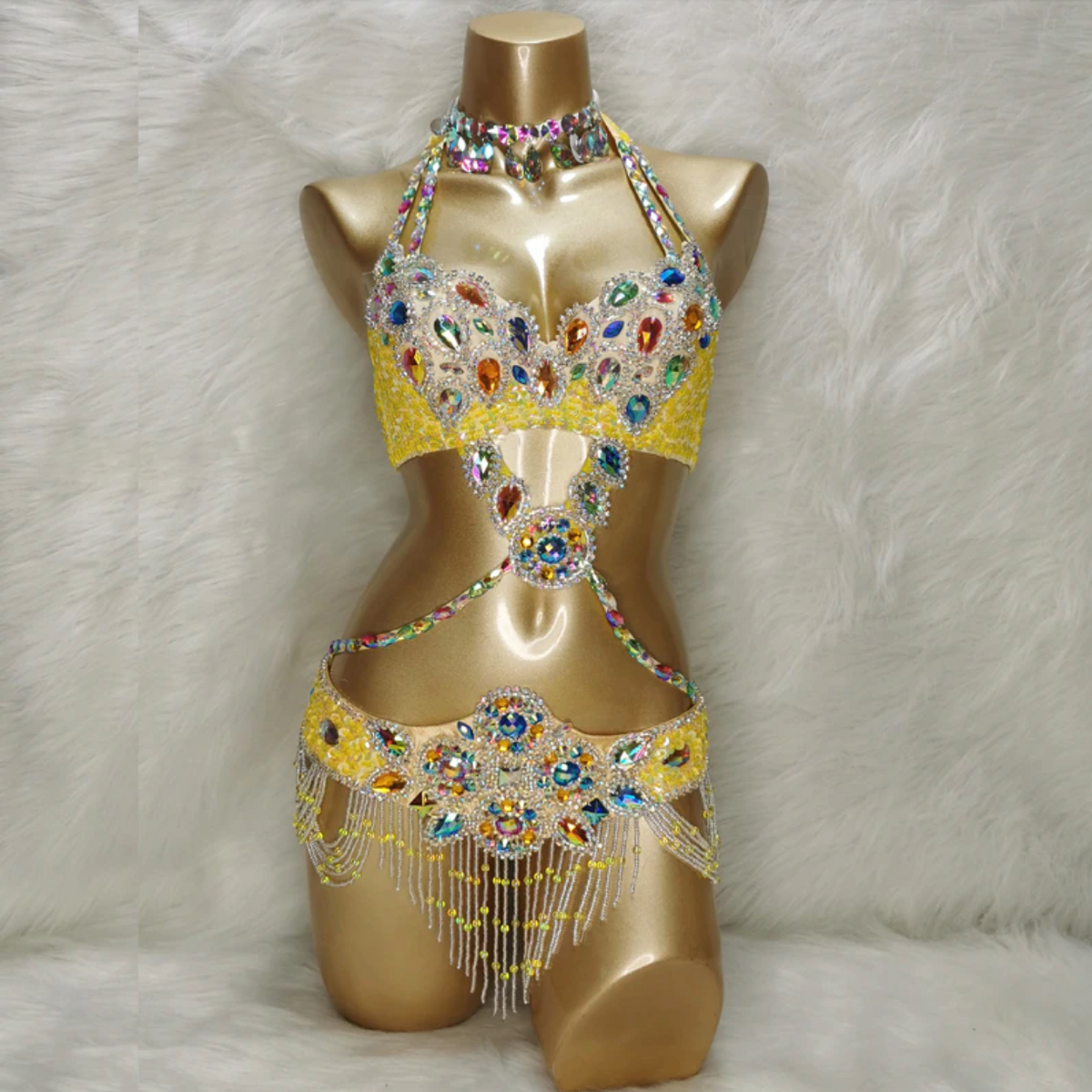 Beaded Crystal Belly Dance Costume Bra+Belt+Necklace 3pc Performance Set