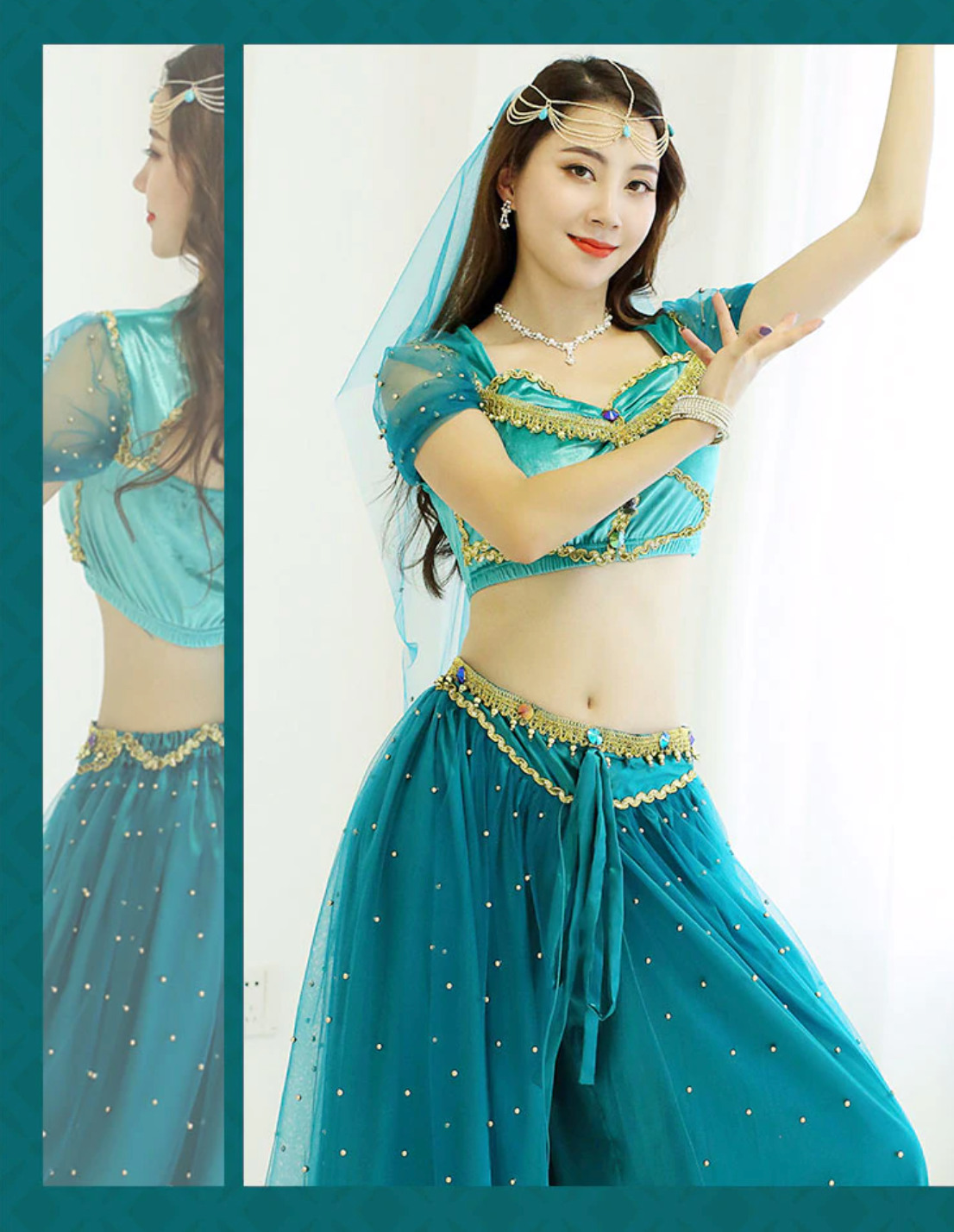 Belly Dance Princess Jasmine Costume Women Girls Bollywood Top Pants Veils Set