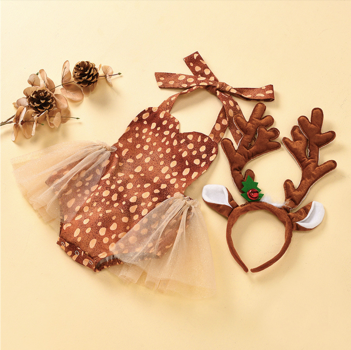 Christmas Baby Girl Deer Costume Antlers Headband Set