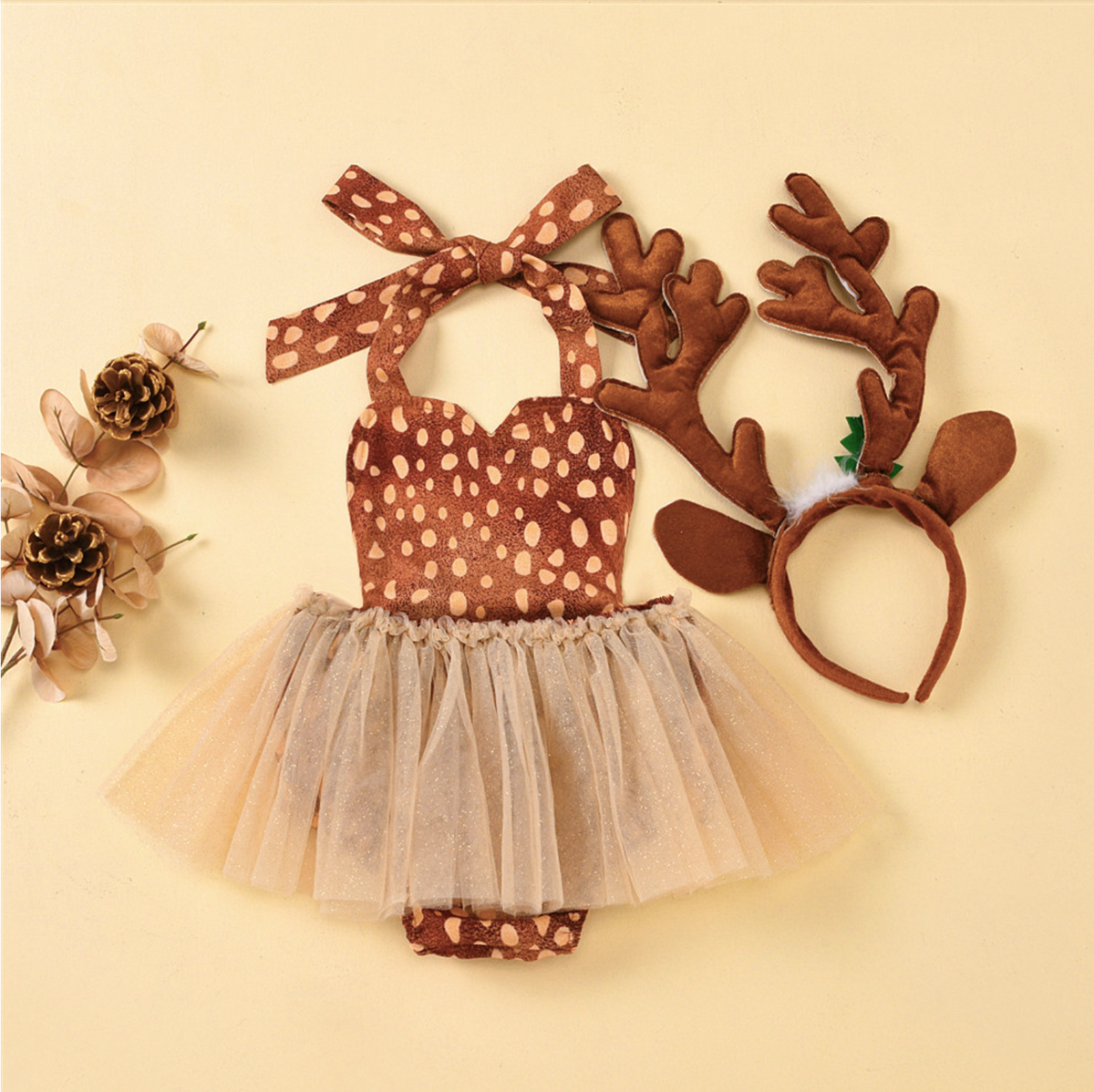 Christmas Baby Girl Deer Costume Antlers Headband Set