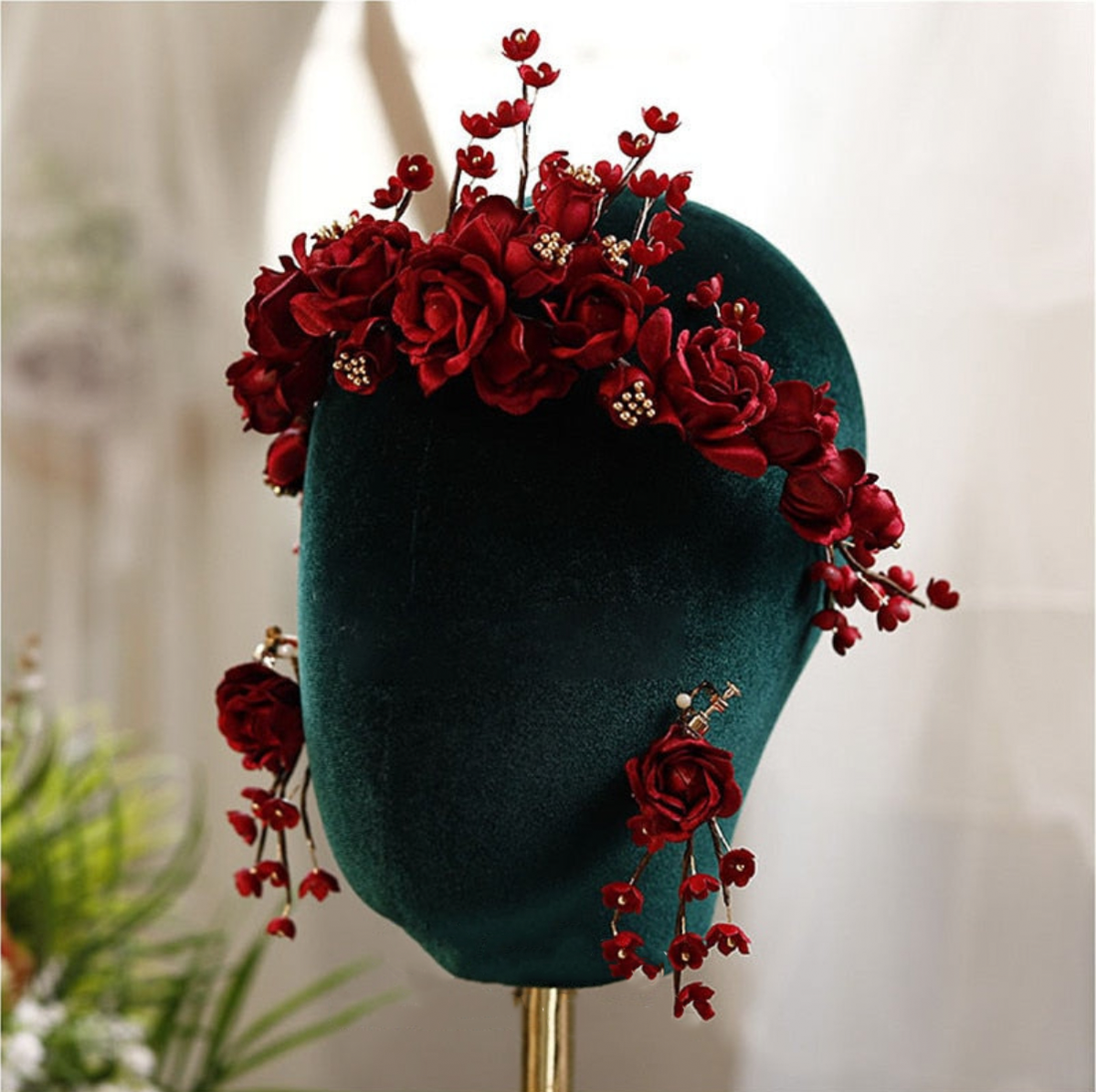 The Red Bride Flower Tiara and Earrings Set
