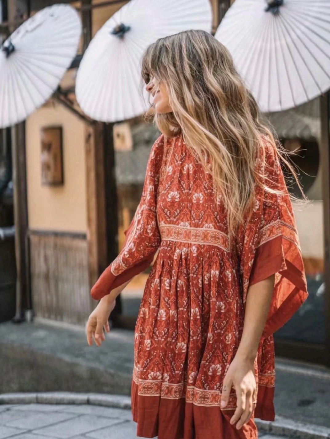 Kaia Boho Rust Red Long Top Mini Dress