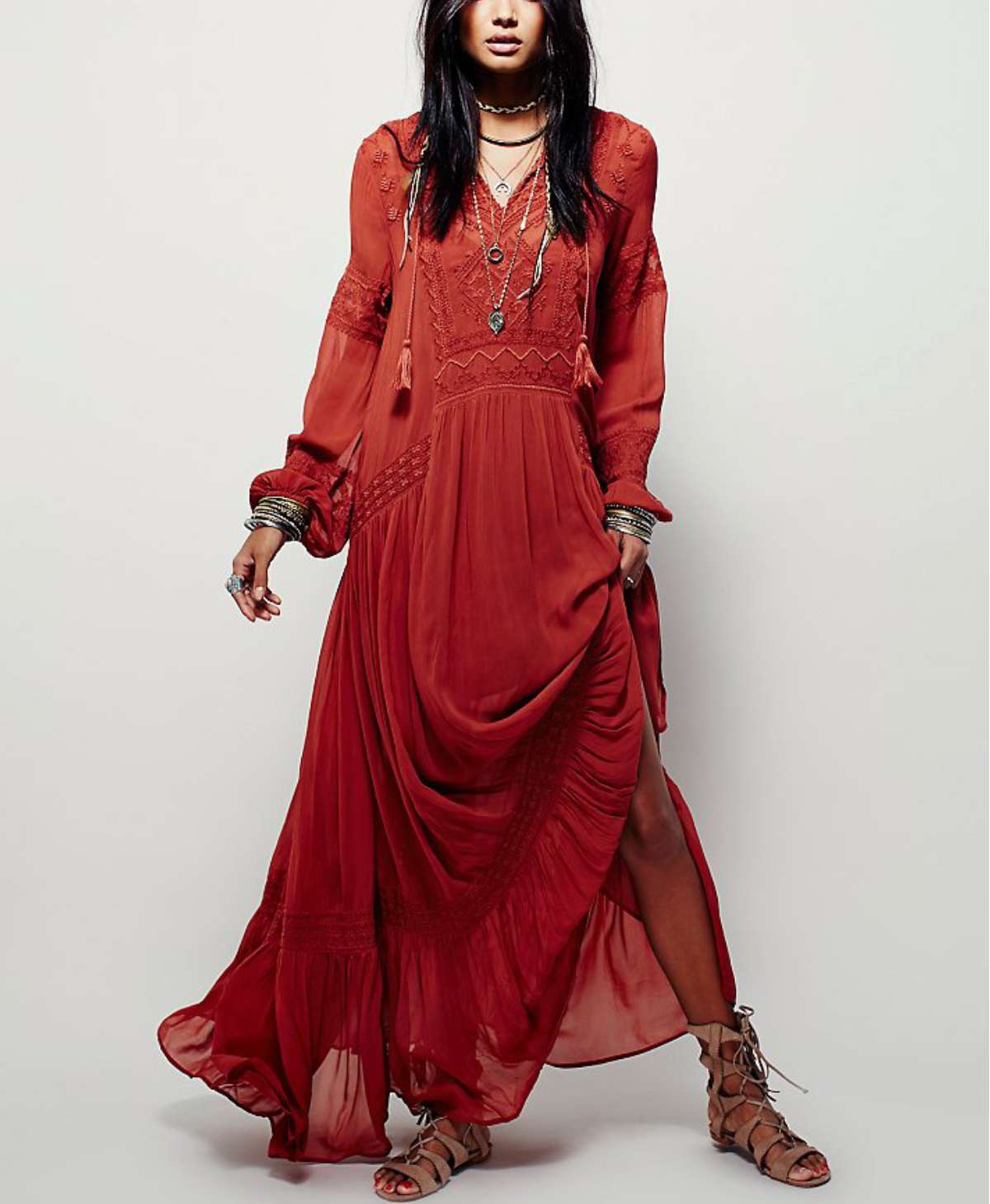 Shyla Boho Cotton Long Sleeve Red Dress