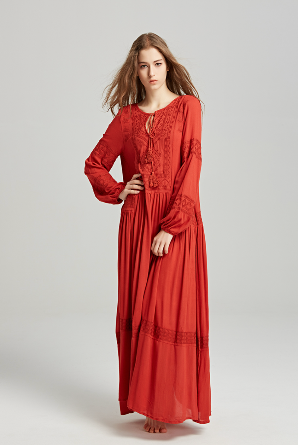 Shyla Boho Cotton Long Sleeve Red Dress