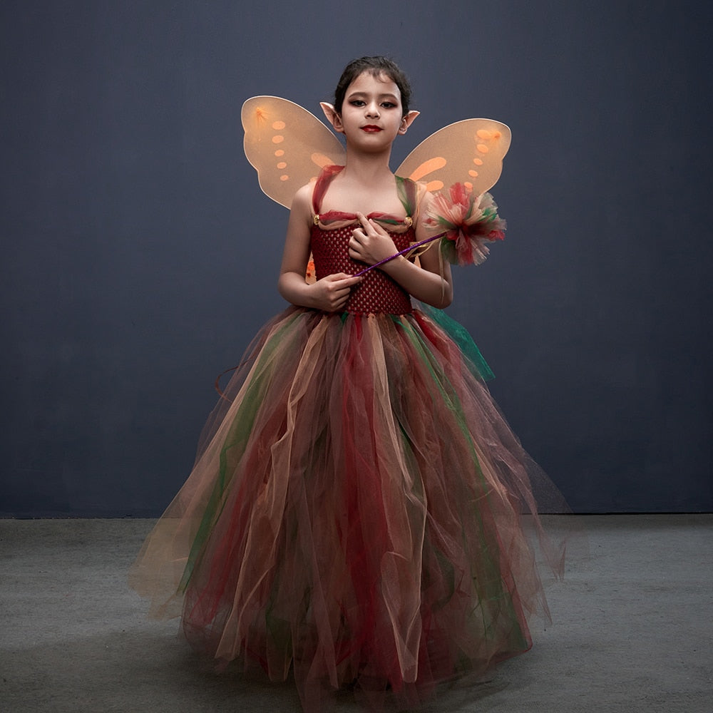 Woodland Fairy Princess Costume for Girls Fancy Tutu Dress with Wings