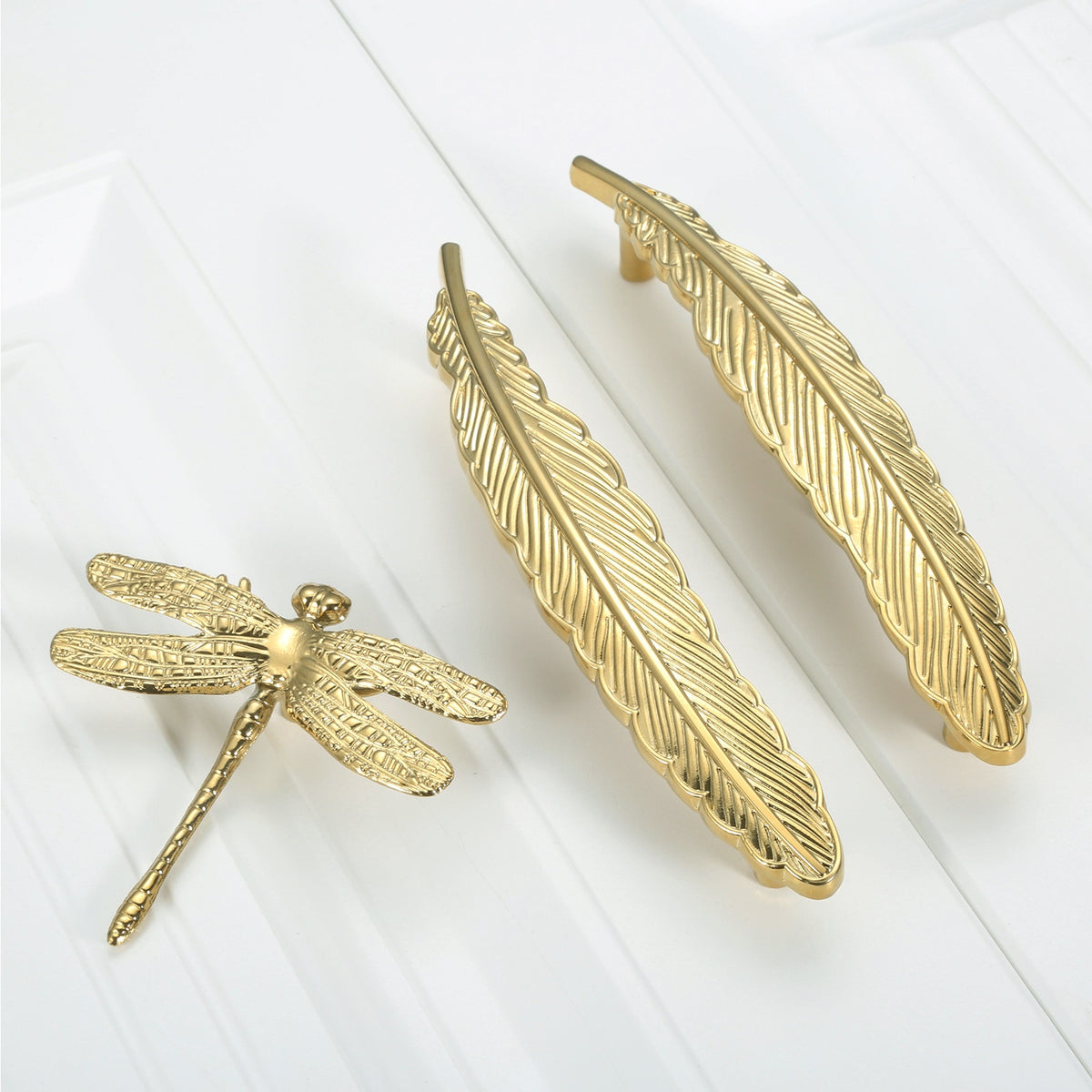 Brass Dragonfly and Feather Furniture Door Handles and Knobs