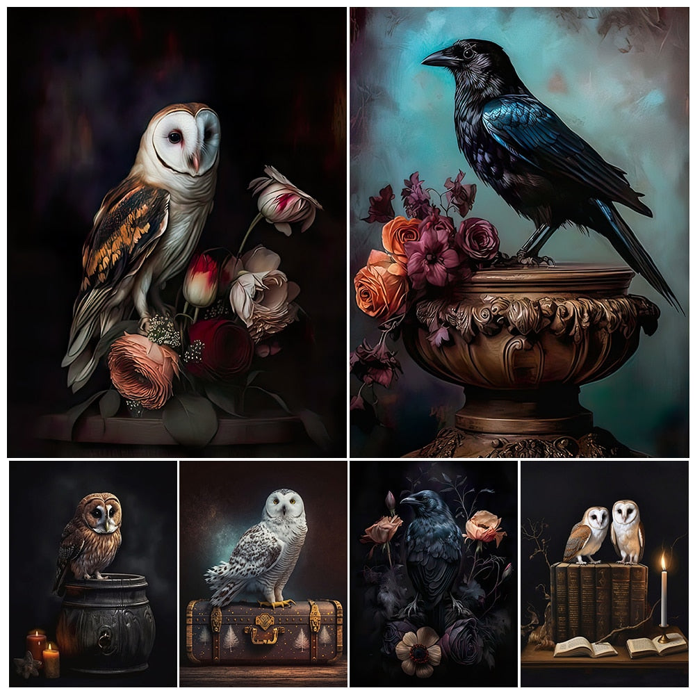 Black Raven And Magical Owl Gothic Wall Art Canvas Poster Prints Home Decor