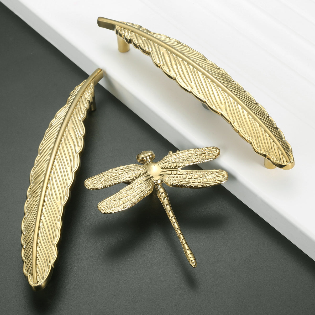 Brass Dragonfly and Feather Furniture Door Handles and Knobs
