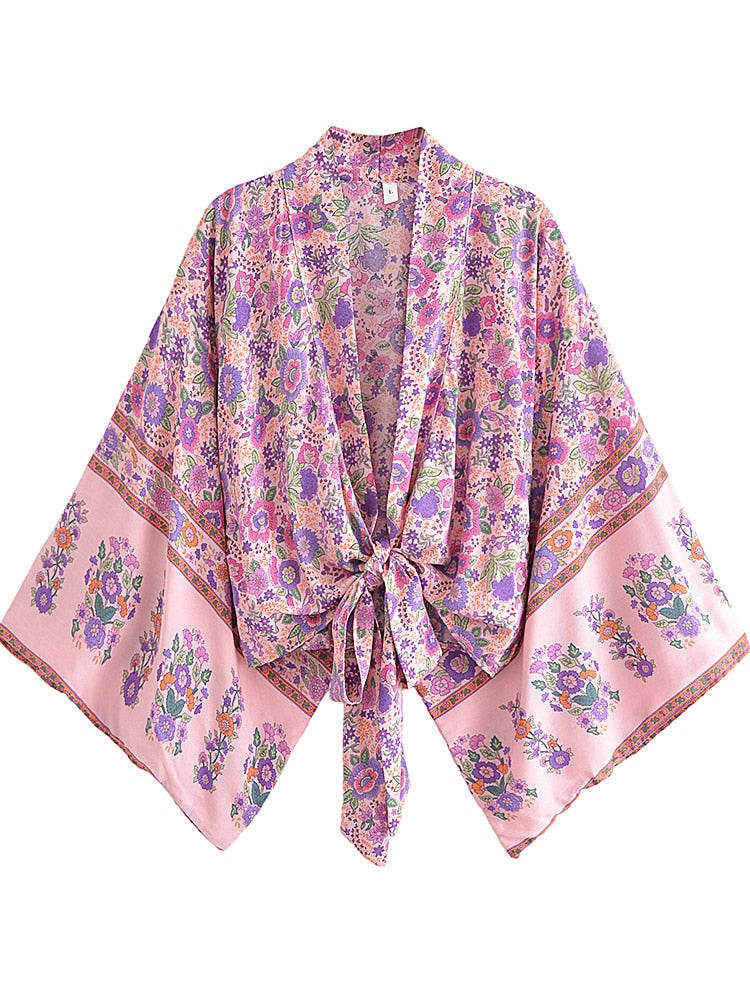 Boho Vintage Floral Print Short Kimono Wrap Tops