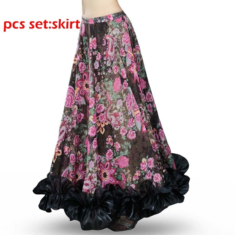 Black Floral Belly Dance Chiffon Gypsy Flamenco Skirt