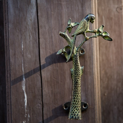 Parrot in a Tree Brass Door Pull Handmade Hardware