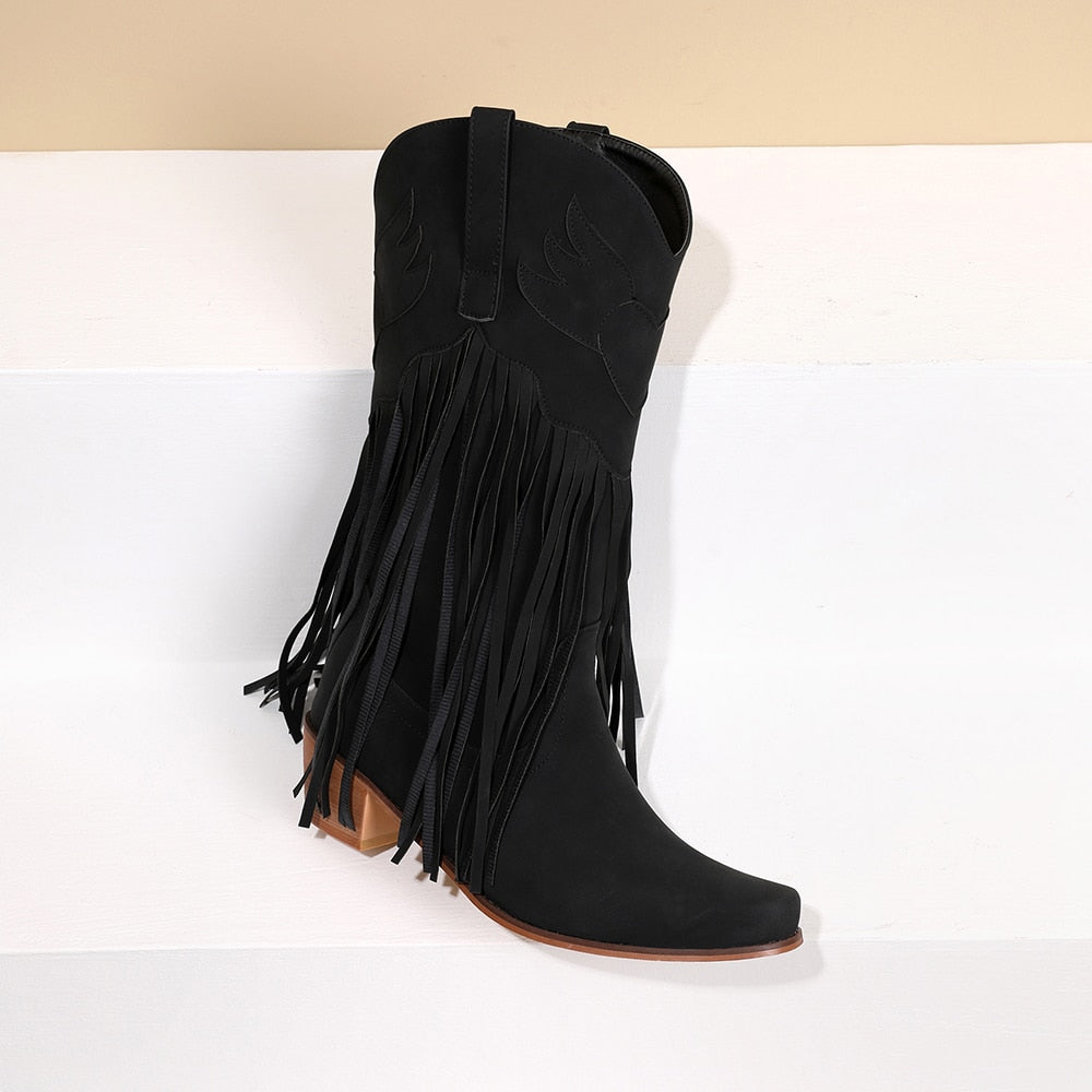 Daisy's Faux Suede Leather Fringed Cowgirl Boots