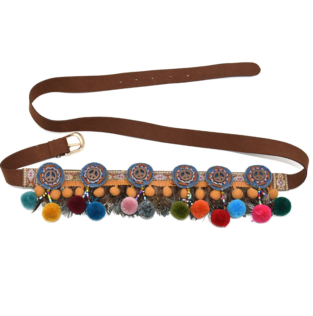 Gypsy Boho Charm Belt With Colourful Pom Poms