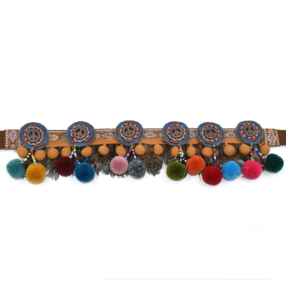 Gypsy Boho Charm Belt With Colourful Pom Poms