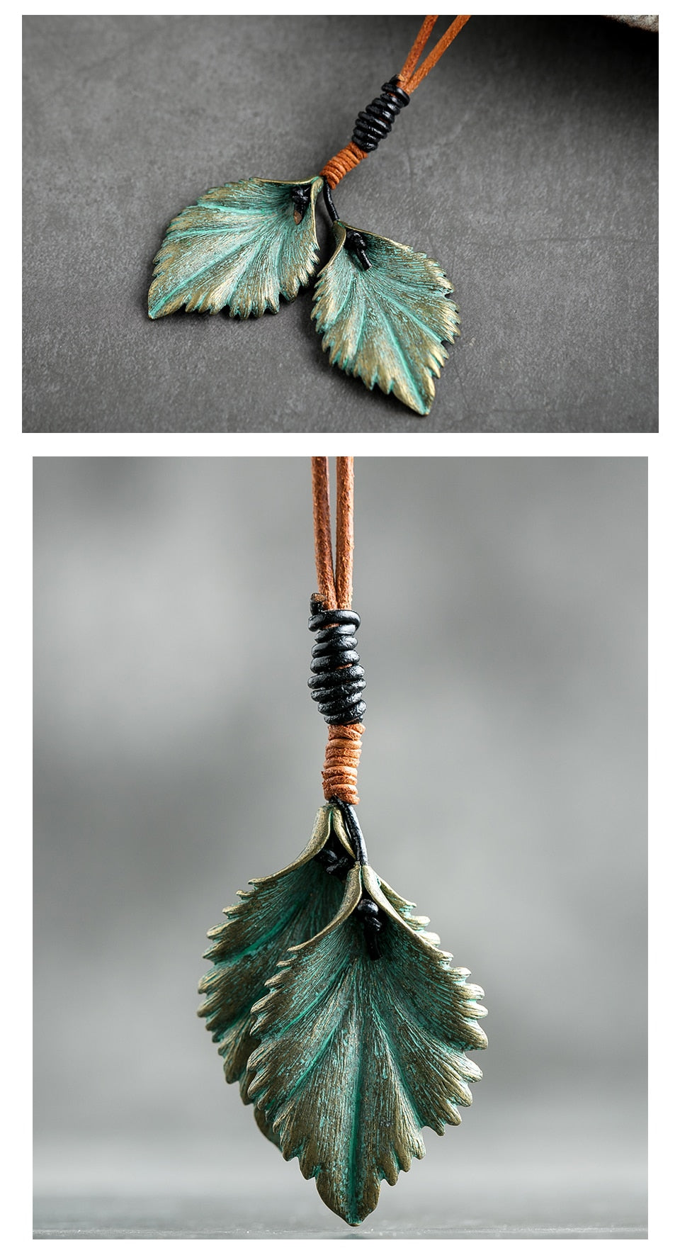 Vintage Leather Rope Green Leaf Pendant Necklace