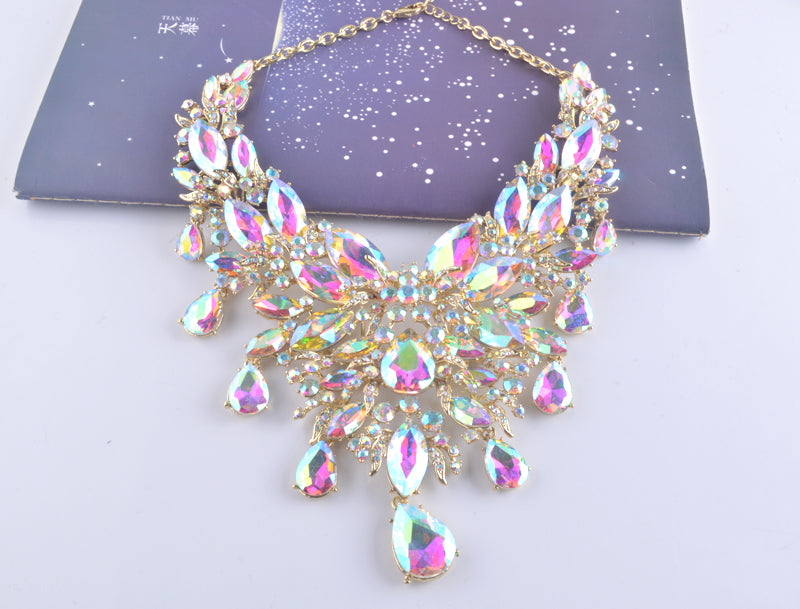Iridescent Crystal Raindrops Statement Necklace and Earring Set