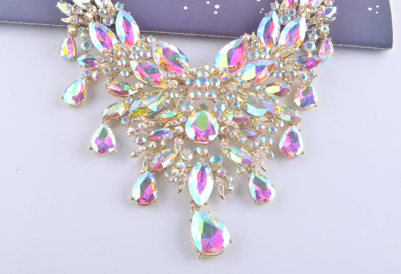 Iridescent Crystal Raindrops Statement Necklace and Earring Set