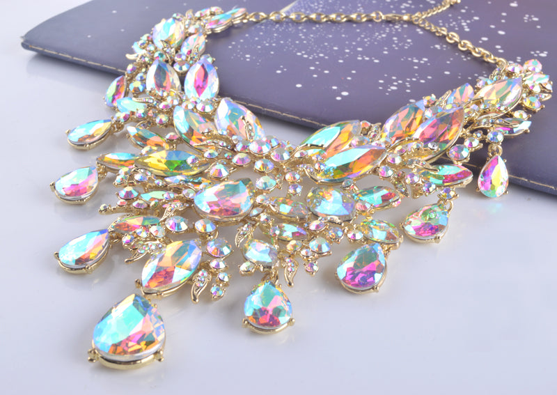 Iridescent Crystal Raindrops Statement Necklace and Earring Set