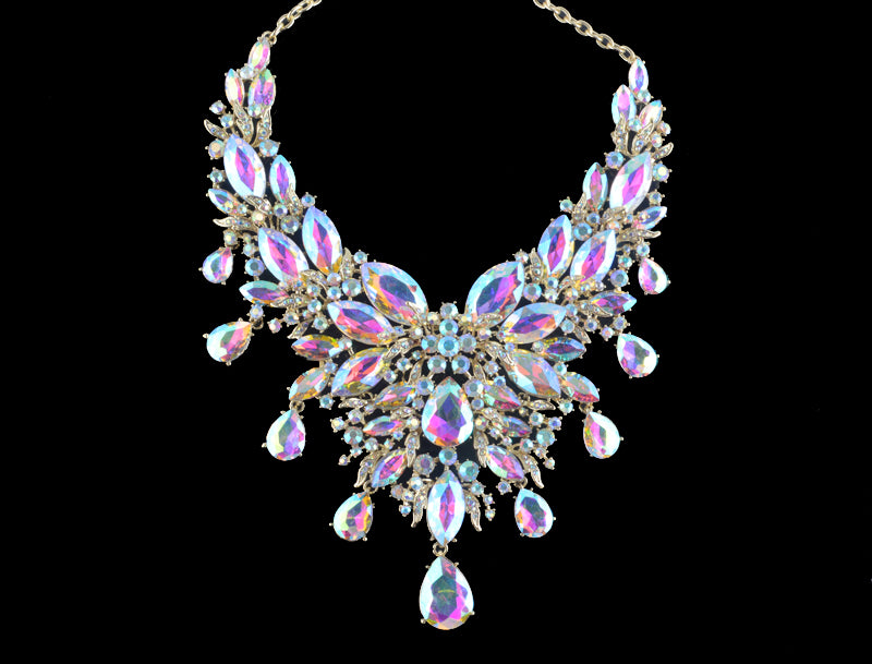 Iridescent Crystal Raindrops Statement Necklace and Earring Set