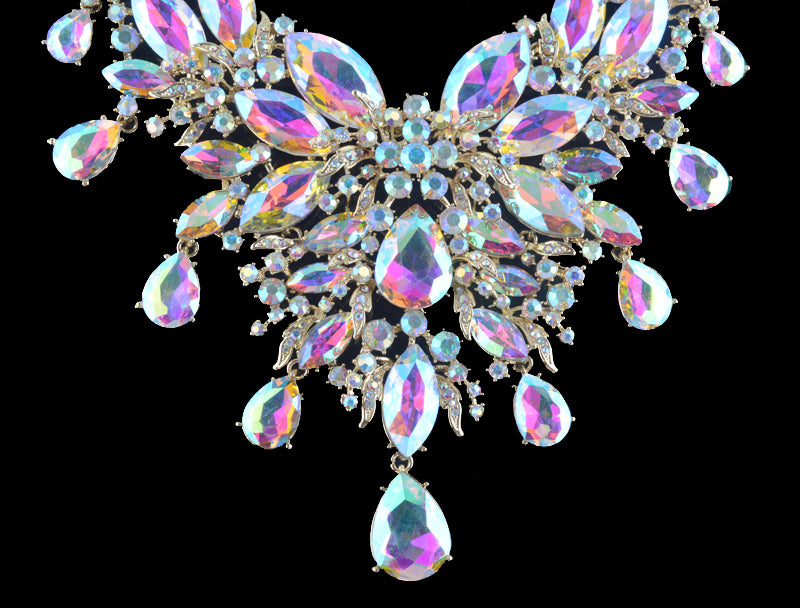 Iridescent Crystal Raindrops Statement Necklace and Earring Set