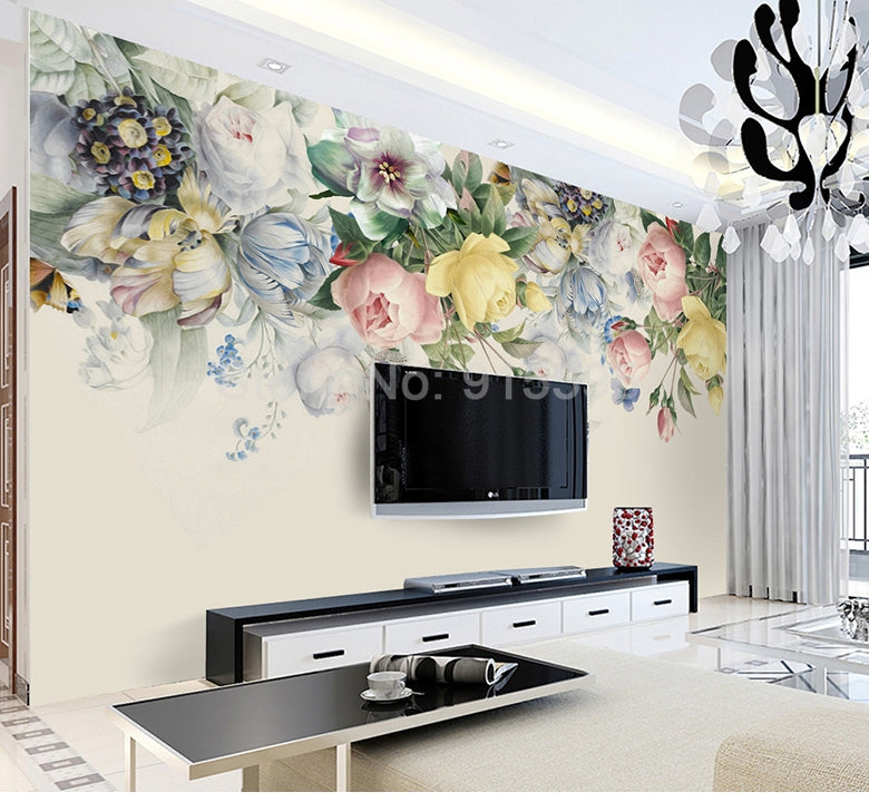 Hand Painted Rose Flower Wall Mural Wallpaper