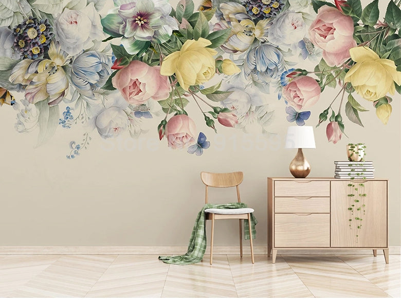 Hand Painted Rose Flower Wall Mural Wallpaper