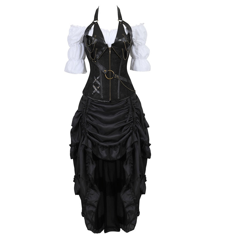 Steampunk Pirate Three-Piece Leather Costume Wench Shirt + Corset + Skirt