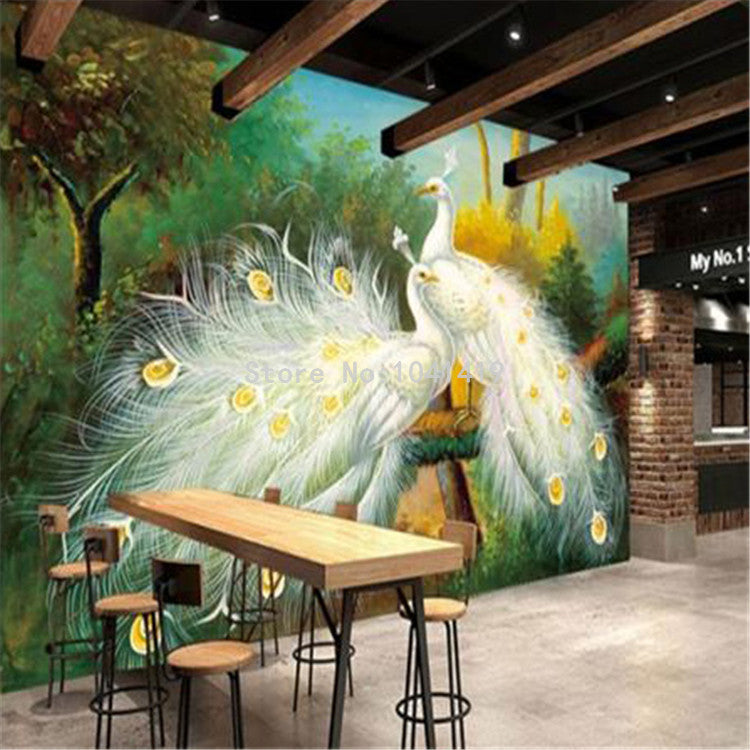 White Peacocks | Landscape Painting Fresco | Mural Wallpaper
