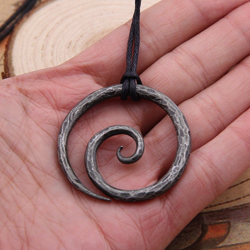 Viking Spiral Pendant - Hand-Forged Iron with Adjustable Leather Neck Cord