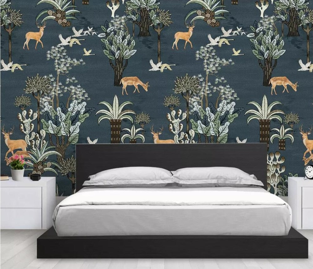 Medieval Hand Drawn Elk Deer Trees Mural Wallpaper