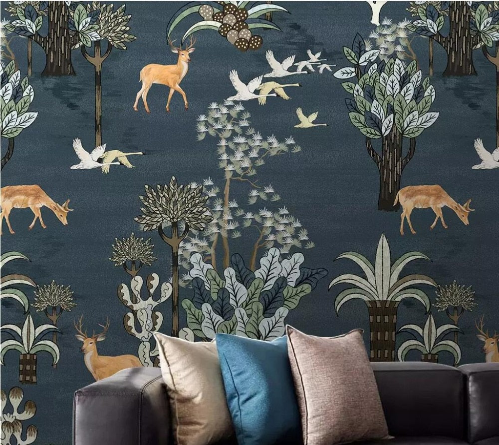 Medieval Hand Drawn Elk Deer Trees Mural Wallpaper