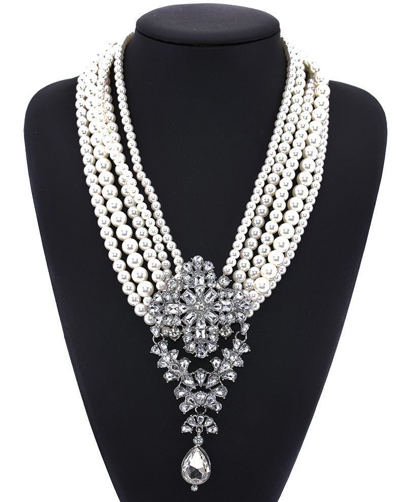 Gatsby Lux Multi Layered Imitation Pearl and Crystal Statement Necklace