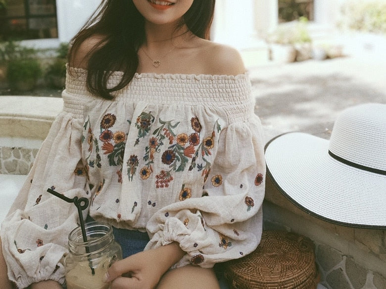 Lantern Sleeve Embroidered Off The Shoulder Boho Top