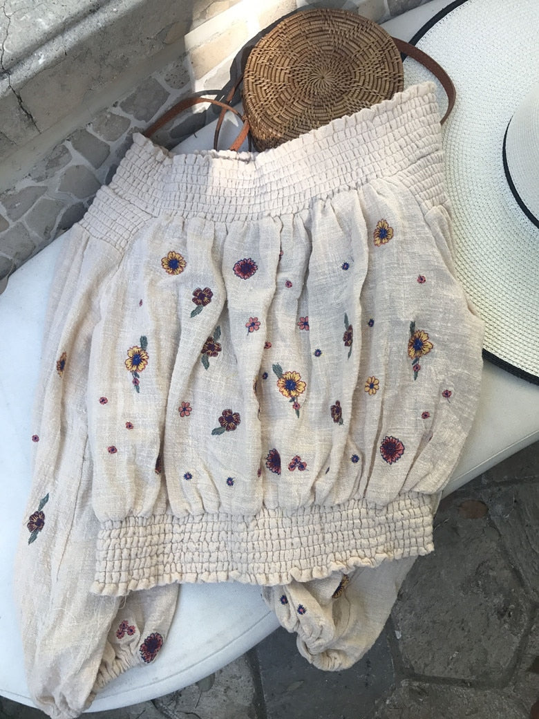 Lantern Sleeve Embroidered Off The Shoulder Boho Top