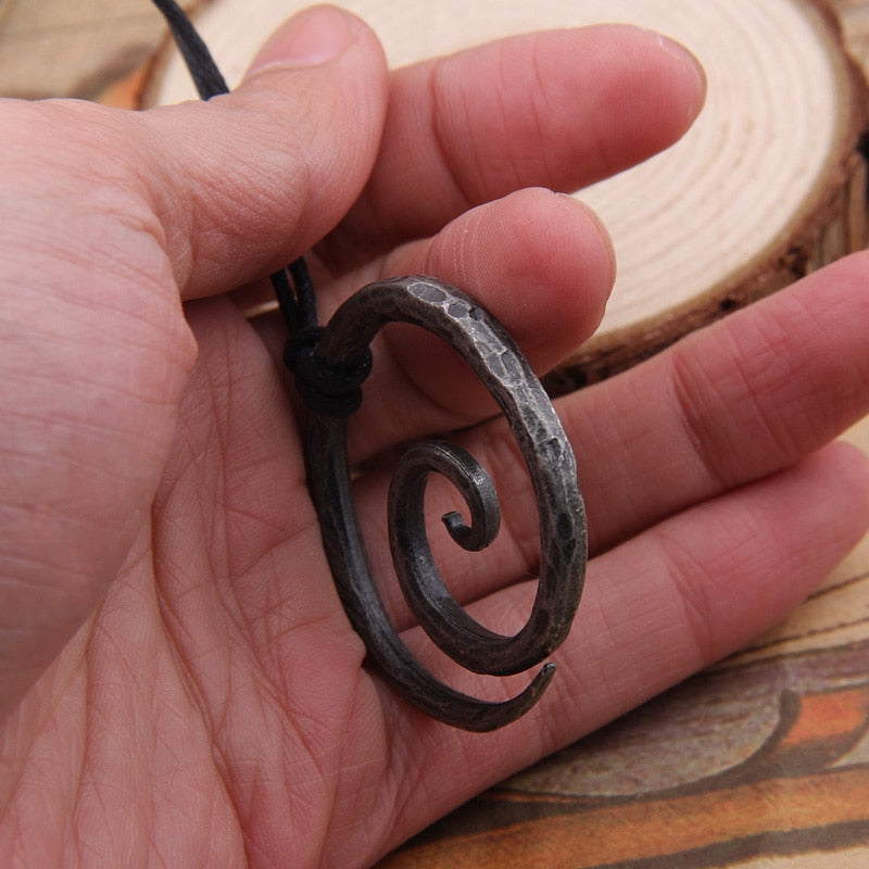 Viking Spiral Pendant - Hand-Forged Iron with Adjustable Leather Neck Cord