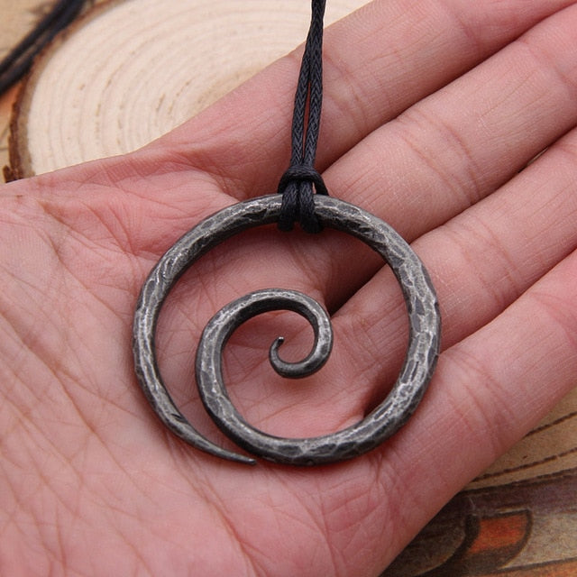 Viking Spiral Pendant - Hand-Forged Iron with Adjustable Leather Neck Cord