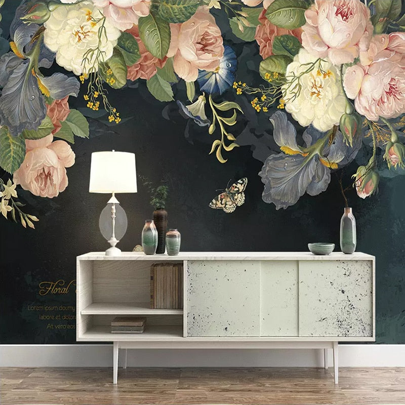 Peonies Oil Painting Black Mural Wallpaper | Mural Silk Cloth Waterproof Wallpaper