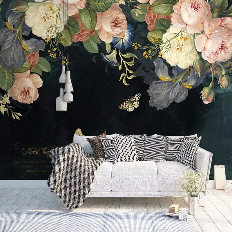 Peonies Oil Painting Black Mural Wallpaper | Mural Silk Cloth Waterproof Wallpaper