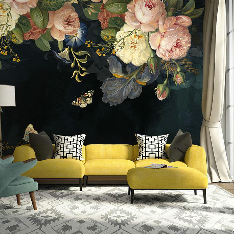 Peonies Oil Painting Black Mural Wallpaper | Mural Silk Cloth Waterproof Wallpaper