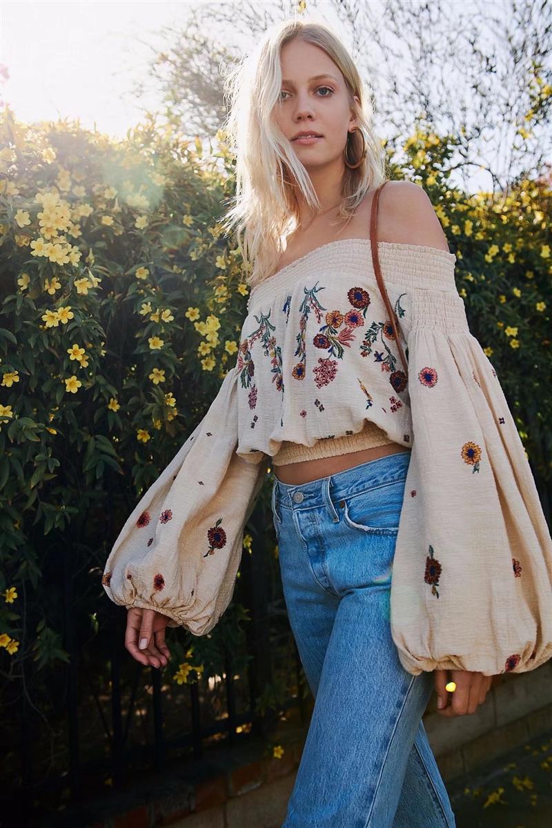 Lantern Sleeve Embroidered Off The Shoulder Boho Top