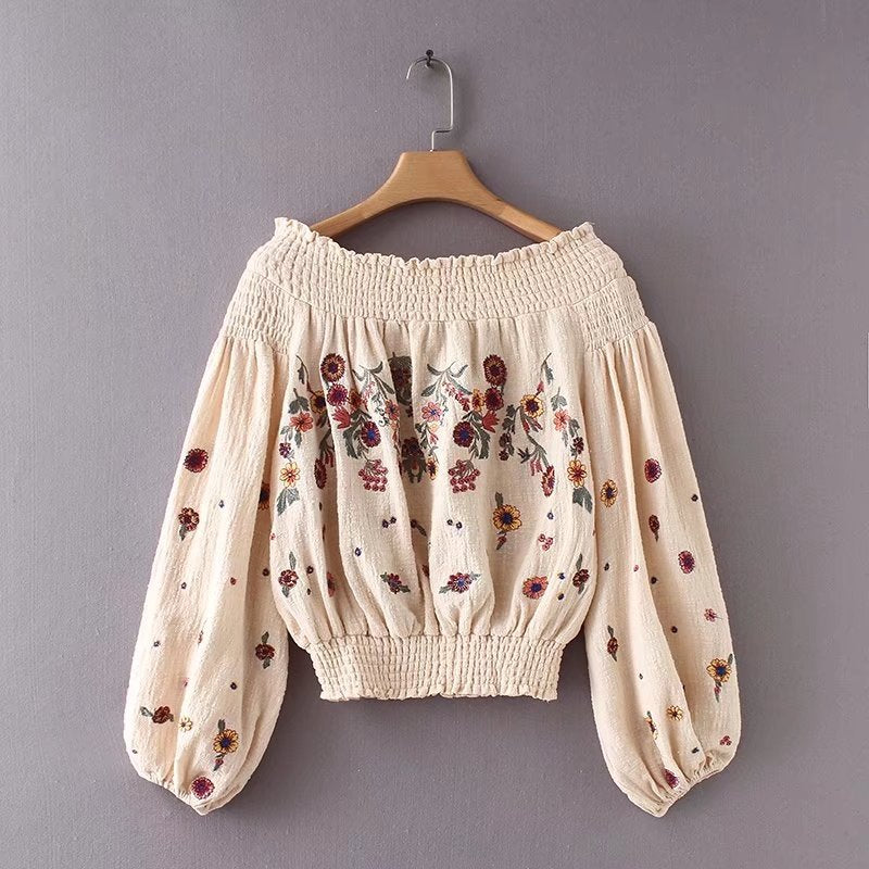 Lantern Sleeve Embroidered Off The Shoulder Boho Top