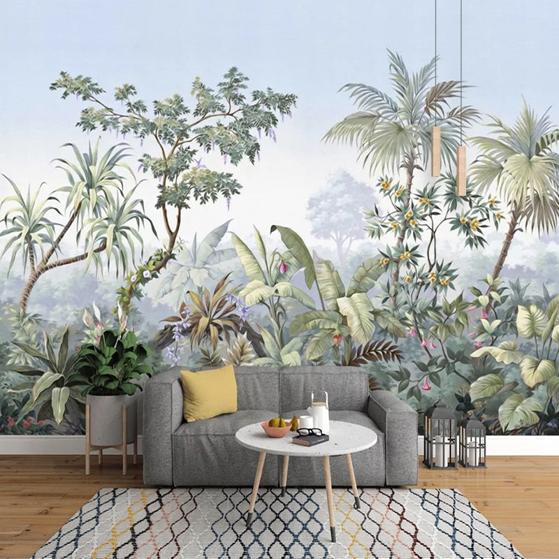 Retro Hand Painted Tropical Rainforest Wall Mural Wallpaper