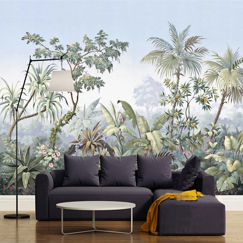 Retro Hand Painted Tropical Rainforest Wall Mural Wallpaper