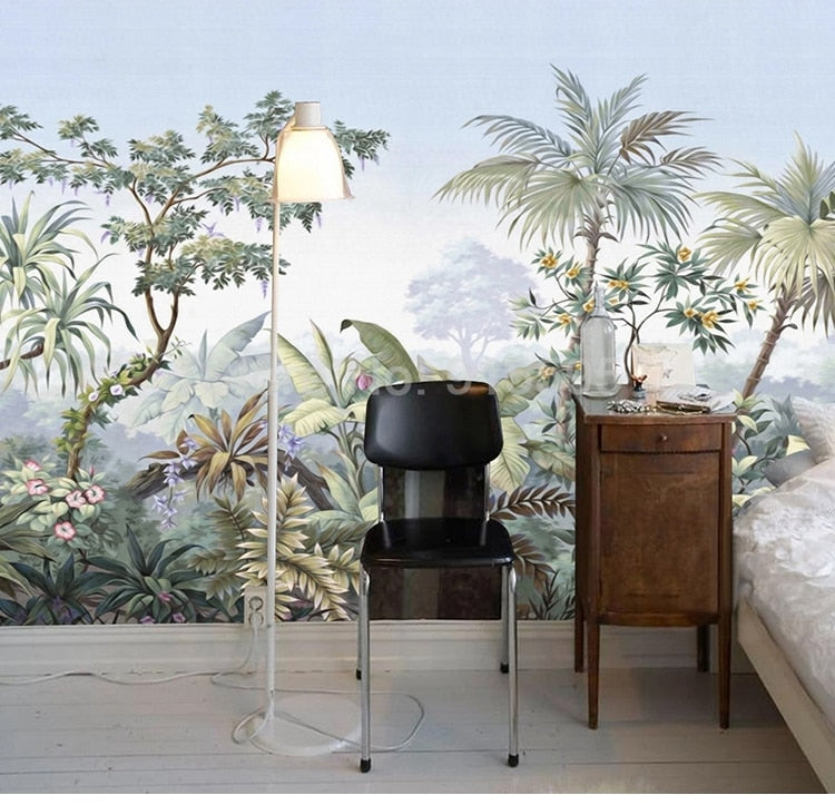 Retro Hand Painted Tropical Rainforest Wall Mural Wallpaper